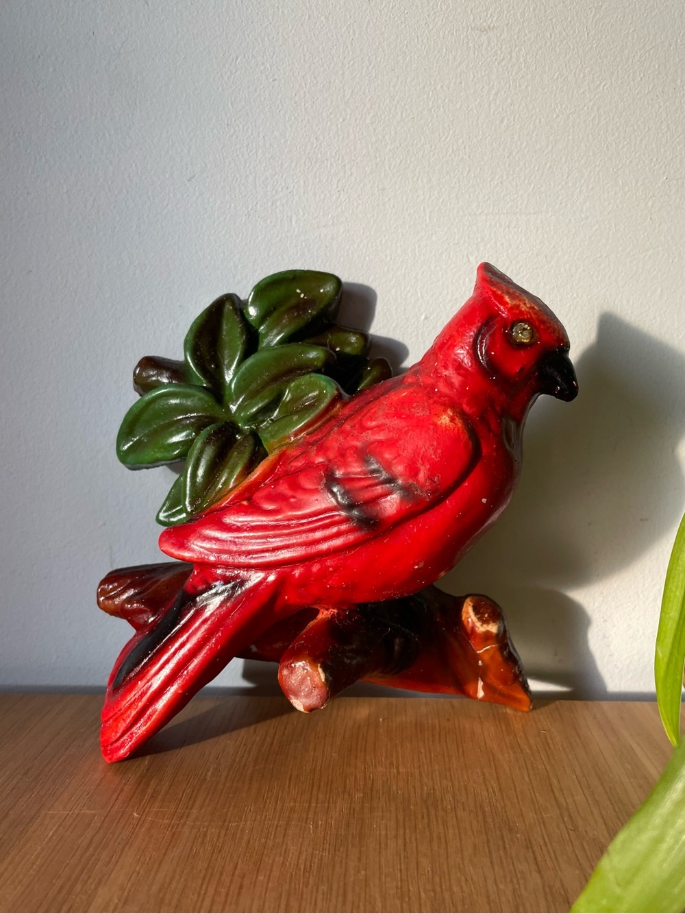 Vintage Mid-Century Red Cardinal Chalkware Wall Plaque Figurine Rhinestone Eye
